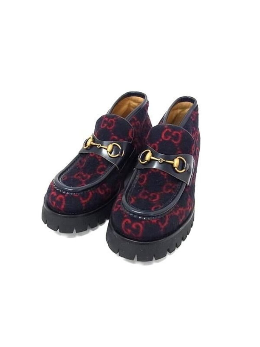 Gucci Horsebit GG Pattern Loafers Shoes Navy Red 6.5